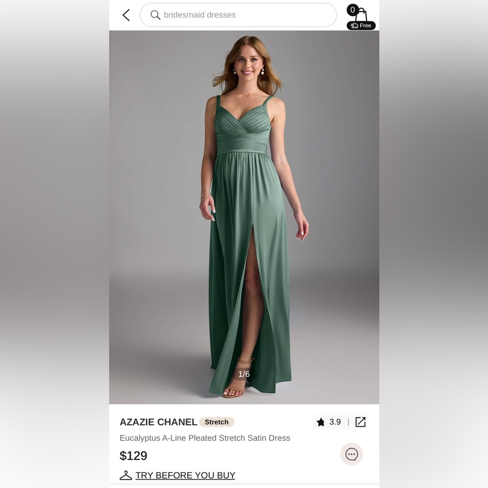 Azazie Eucalyptus A-Line Pleated Satin Dress